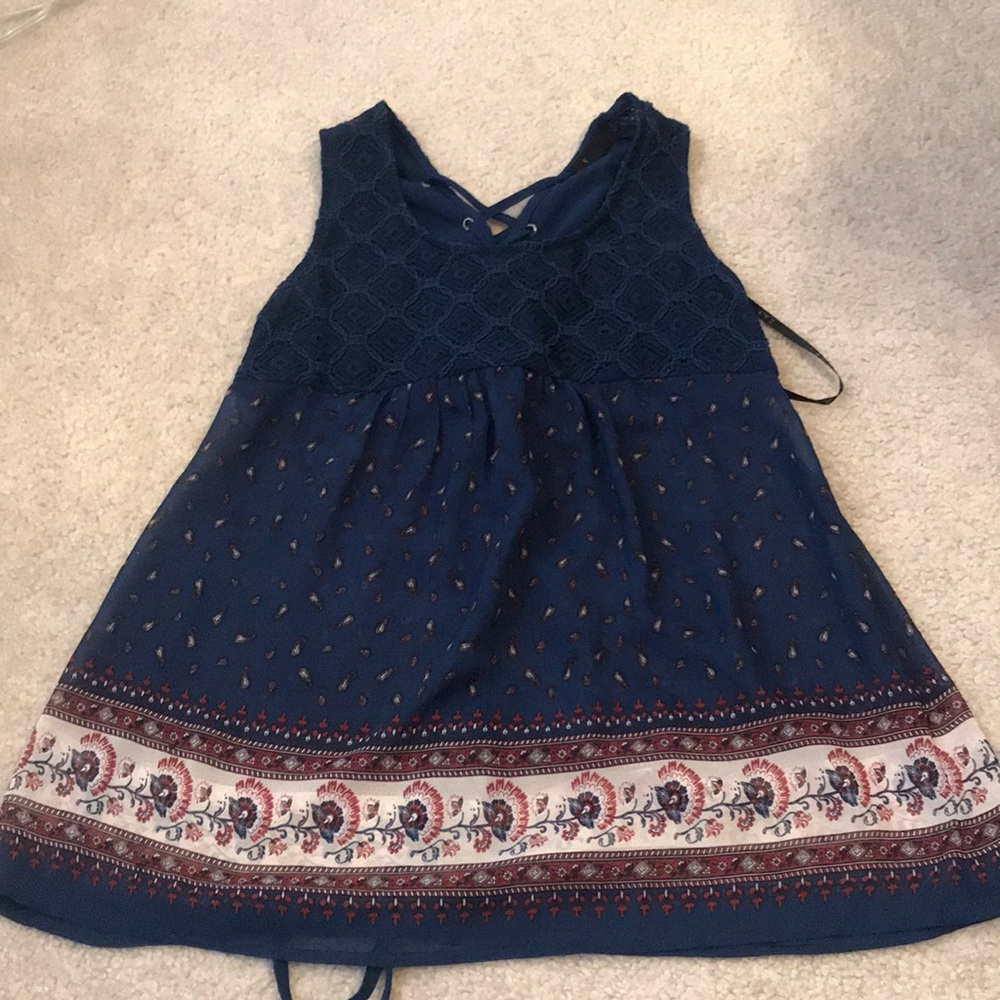 Lace-up back navy blouse